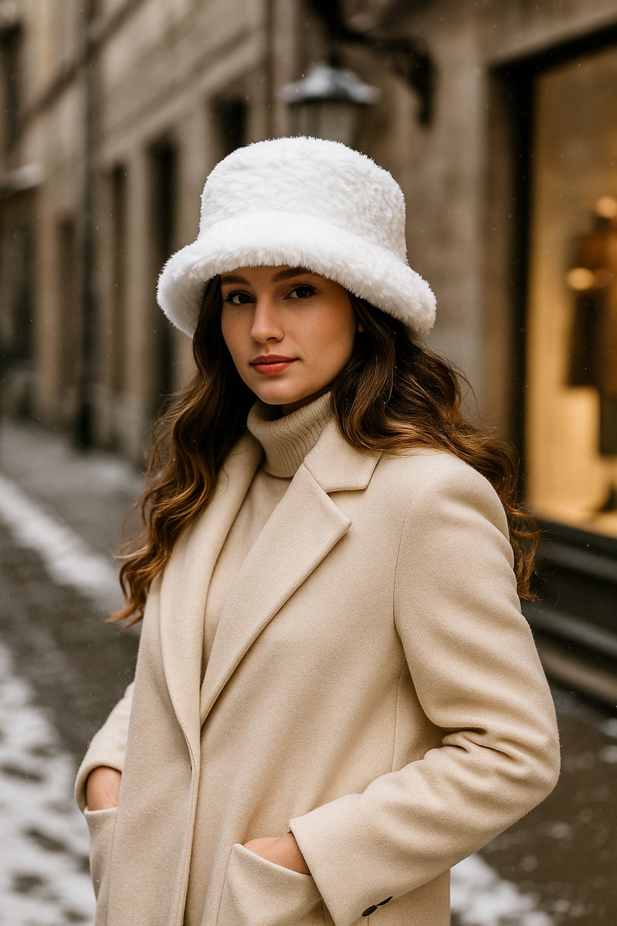 İthal Ekru Tüylü Bucket Şapka - Trend Kış Şapkası - Premium Ekru Renkli Aksesuar Spk1102-1