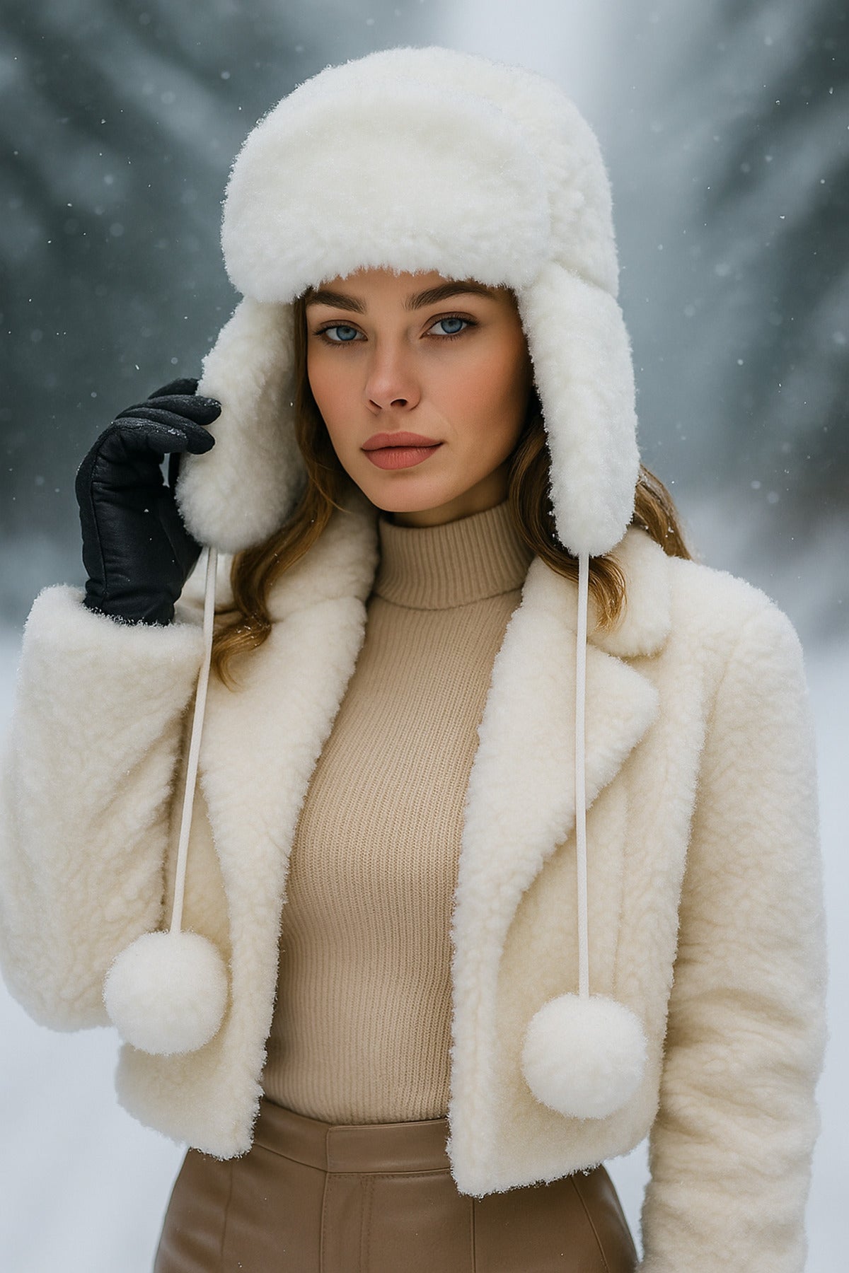 Kadın Ekru Ponponlu Kürklü Kulaklıklı Peluş Şapka Bere Bere1103