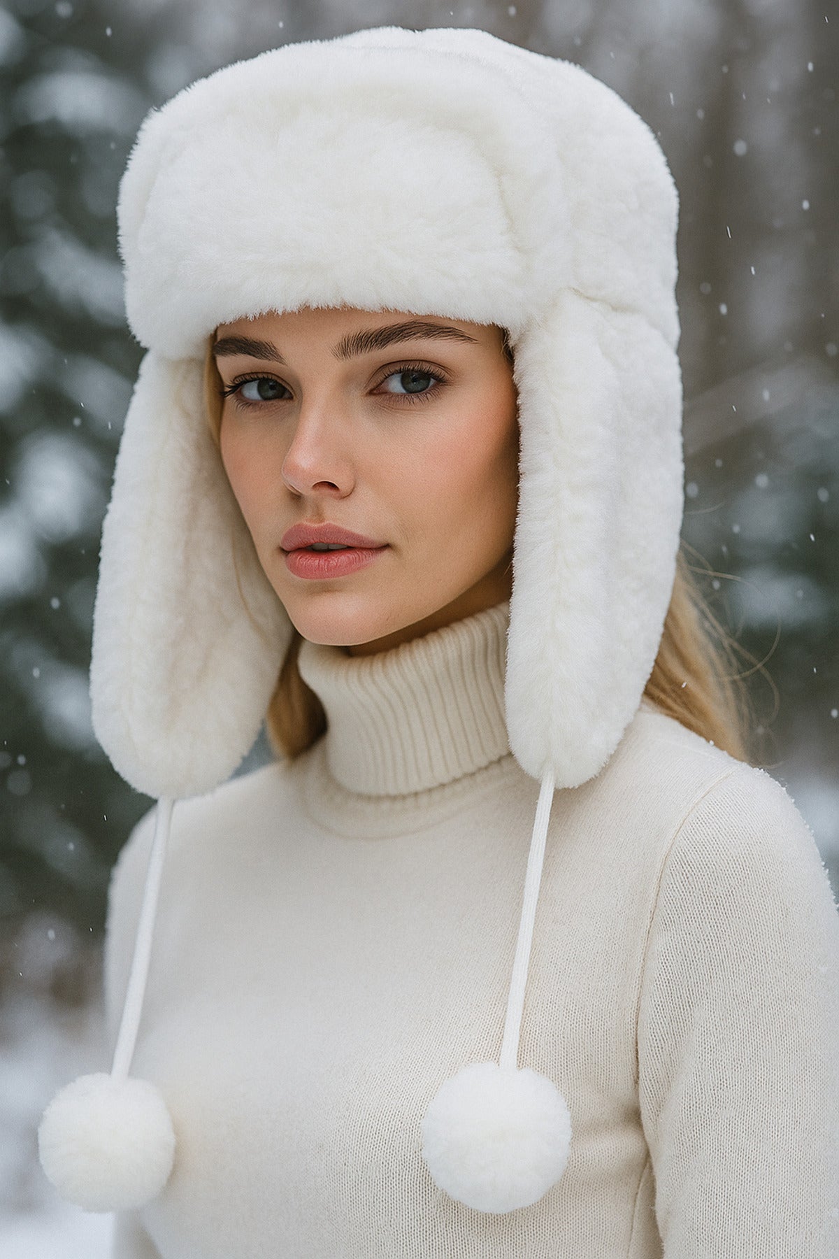 Kadın Ekru Ponponlu Kürklü Kulaklıklı Peluş Şapka Bere Bere1103