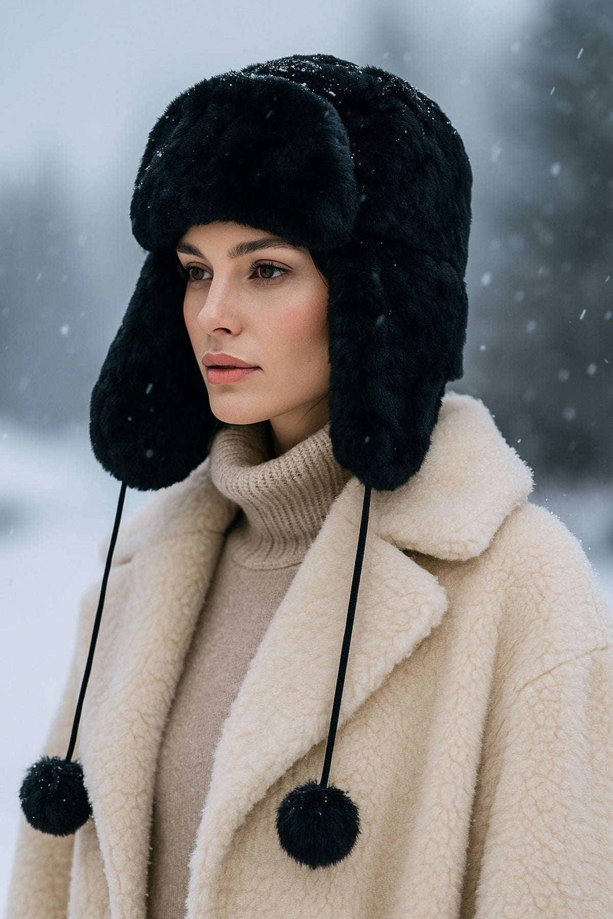 Kadın Siyah Ponponlu Kürklü Kulaklıklı Peluş Şapka Bere Bere1103
