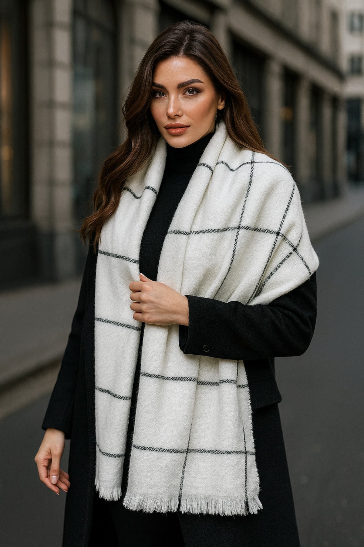 Kadın Ekru Kare Desenli Atkı - Şal 70x180 Cm Sal1210