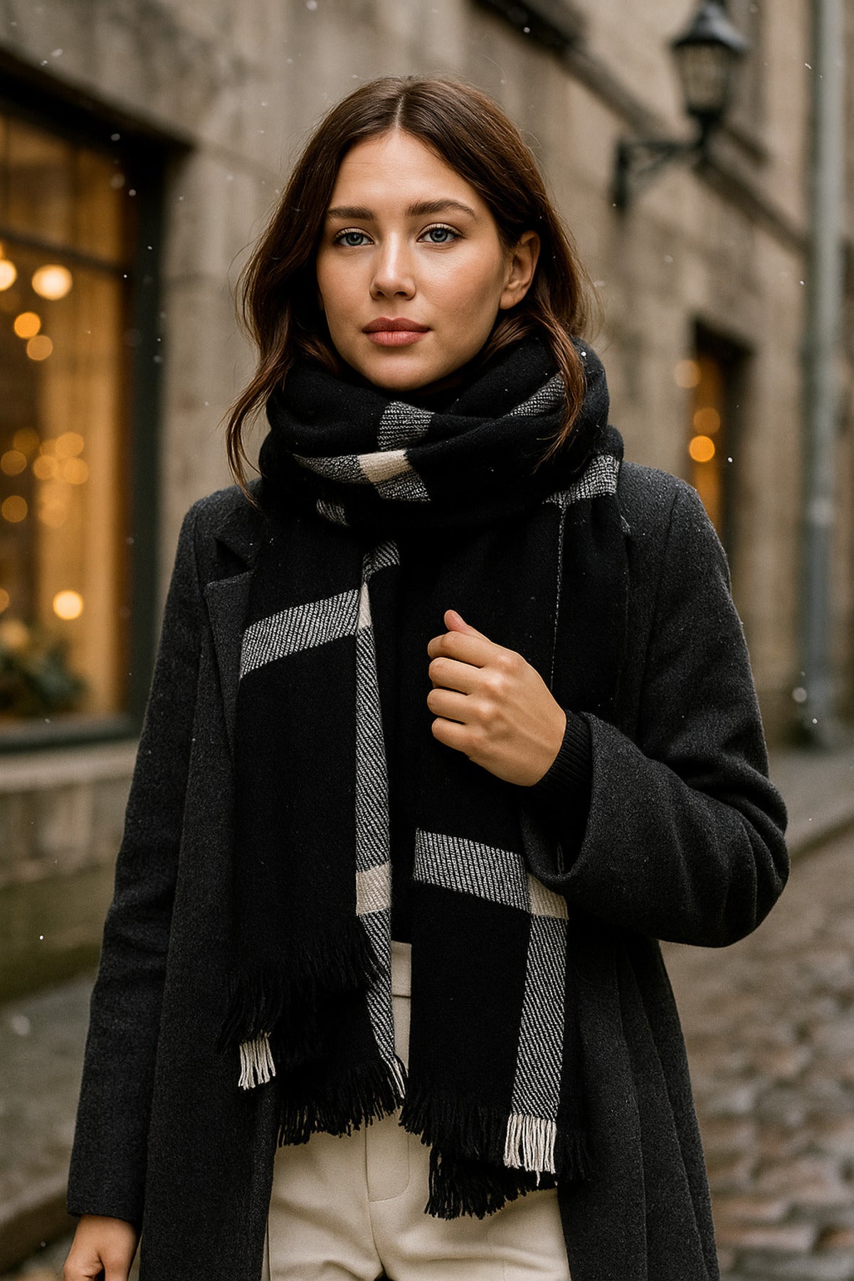 Kadın Siyah Desenli Atkı - Şal 70x180 SAL1234