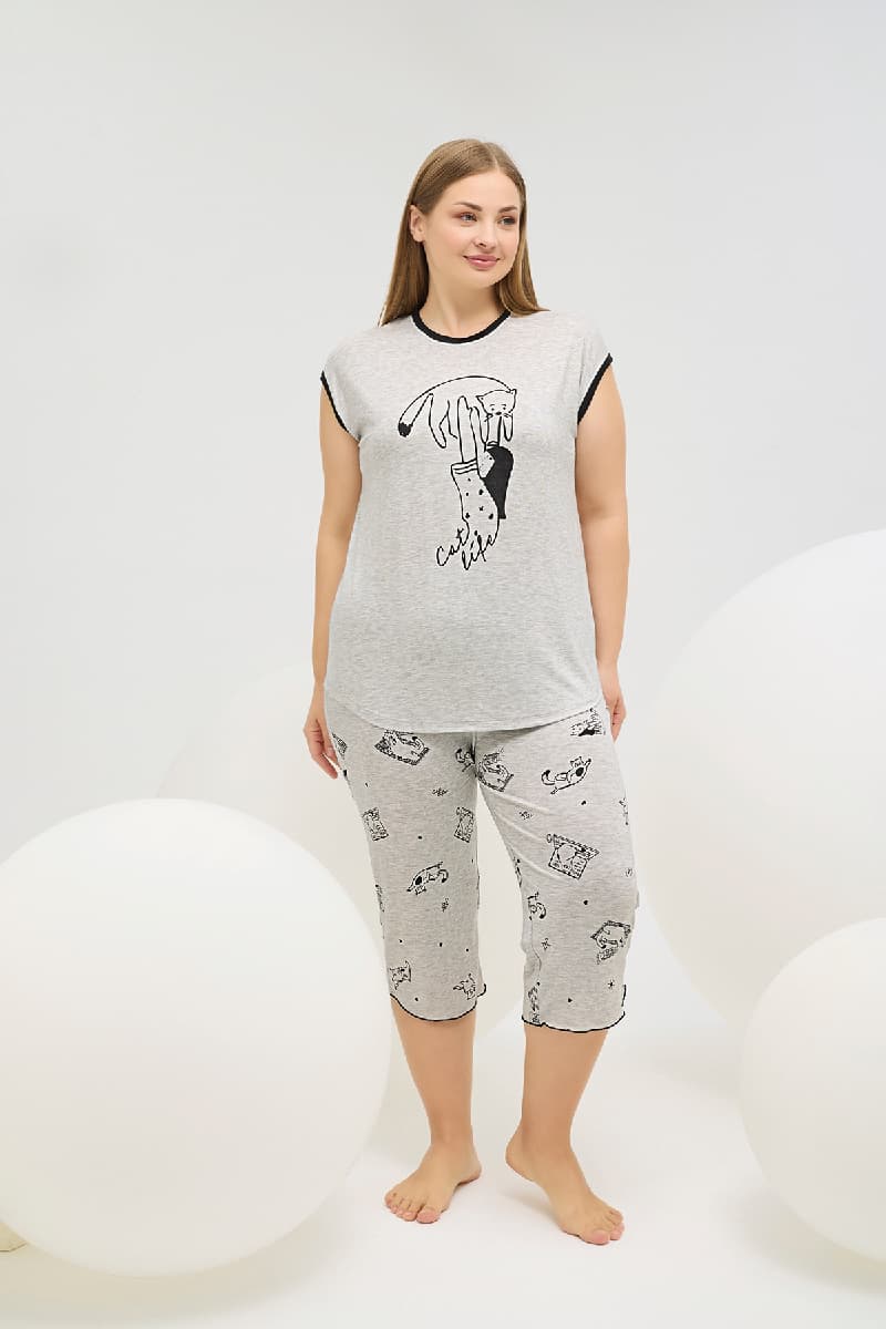 16544 Kadın Büyük Beden Baskılı Kapri Takım