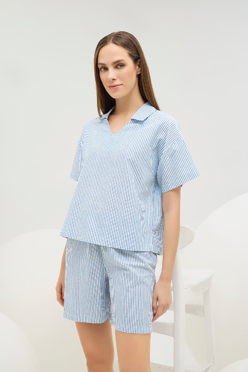 16642 Kadın Çizgili Şort Takım