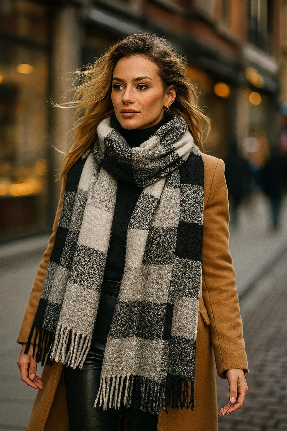 Gri Siyah Beyaz Kareli Desenli Püsküllü Şal - Atkı Modelleri Sal1283