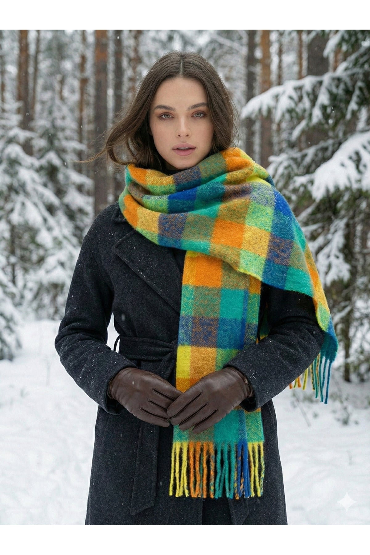 Renkli Ekose Desenli Tüylü Örgü Atkı - Mavi Yeşil Sarı Turuncu Kareli Püsküllü Sal1256