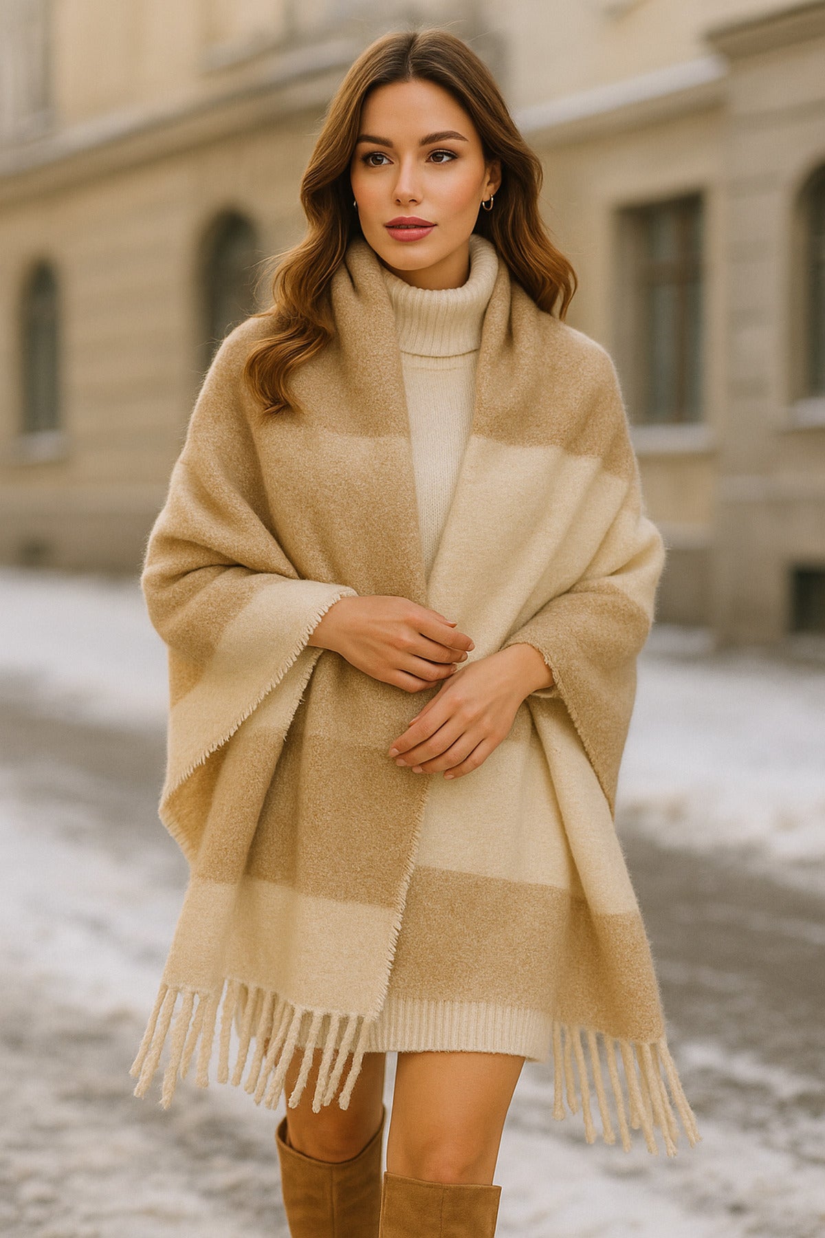 Kadın Bej Püsküllü Buklet Atkı - Şal 45x200 Cm Sal1284