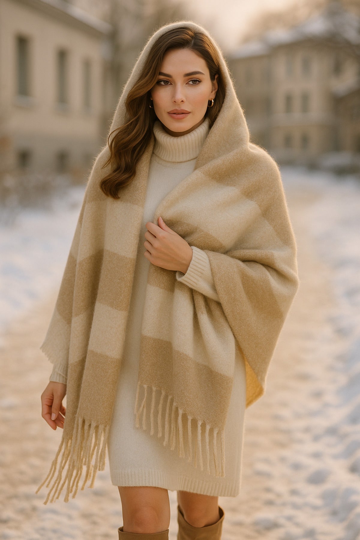 Kadın Bej Püsküllü Buklet Atkı - Şal 45x200 Cm Sal1284