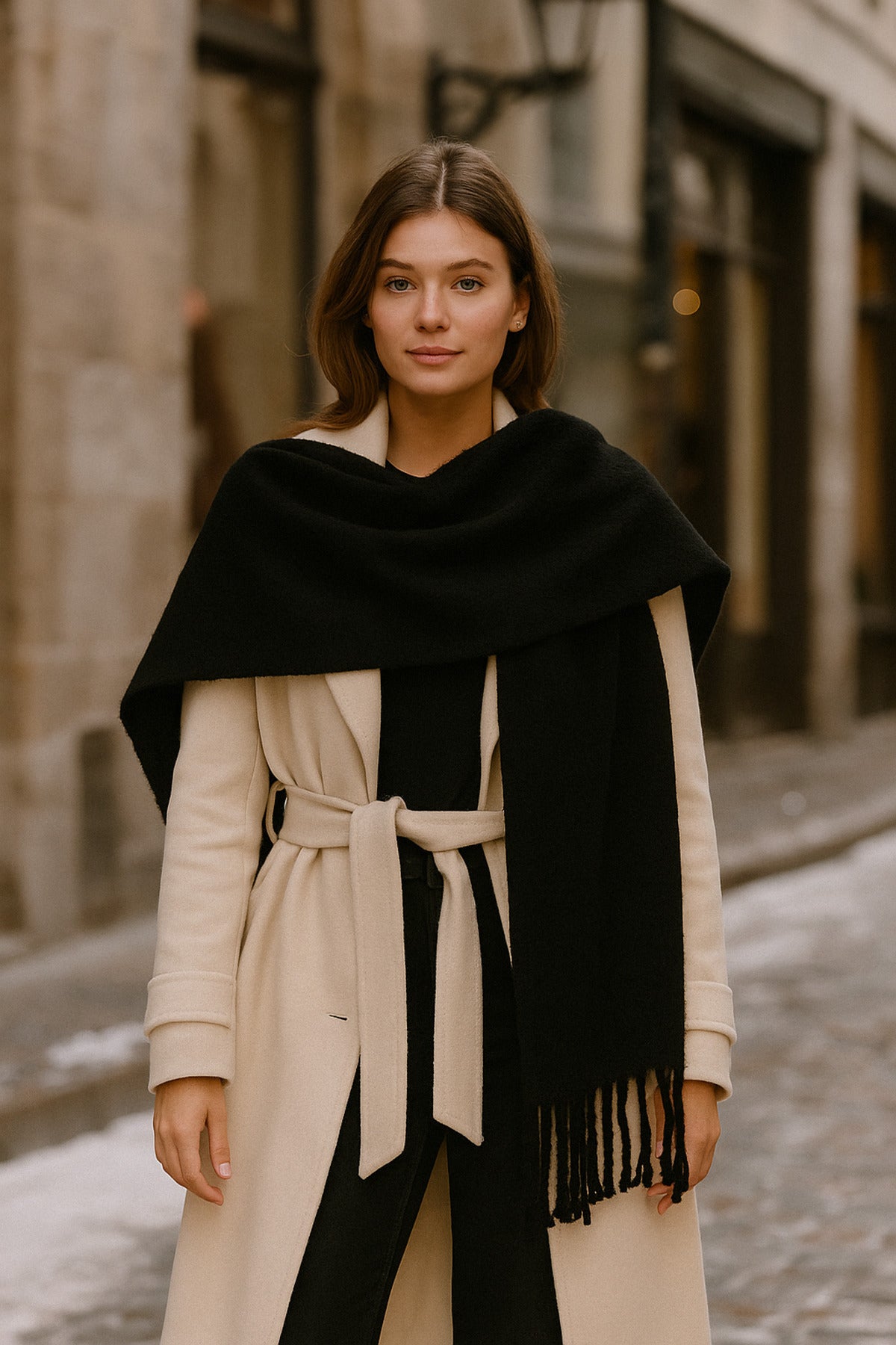 Siyah Kalın Püsküllü Şal – Yumuşak Ve Geniş Yapı, Soğuk Hava Için Ideal Sal1257