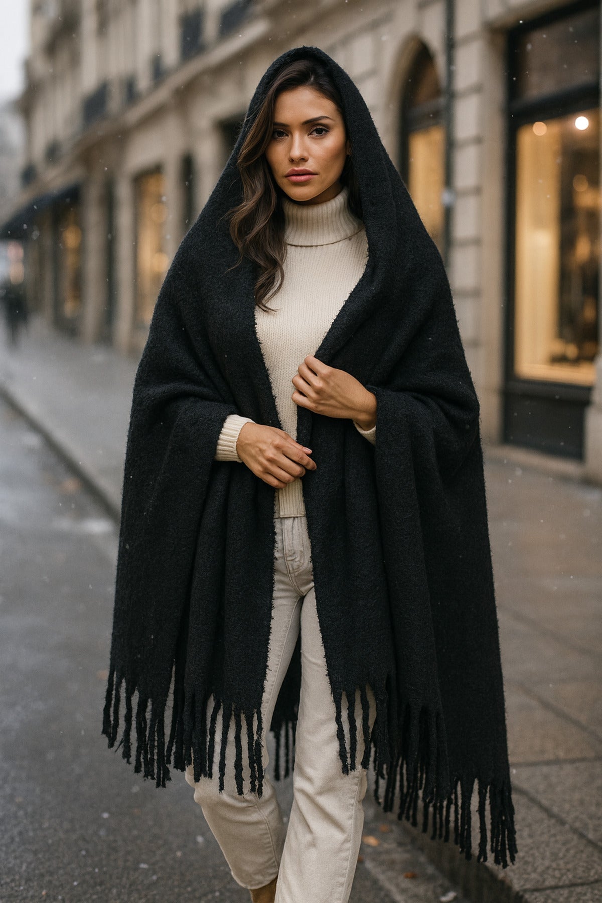 Siyah Kalın Püsküllü Şal – Yumuşak Ve Geniş Yapı, Soğuk Hava Için Ideal Sal1257