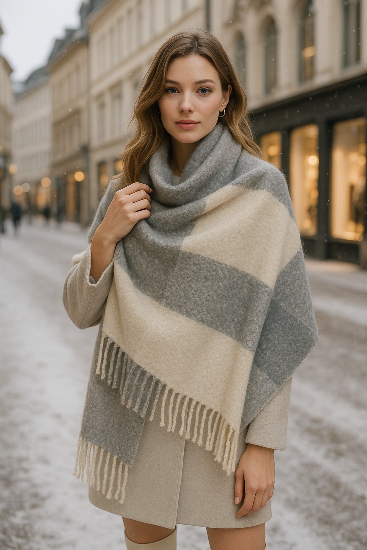 Yumuşak Dokulu Püsküllü Ekose Desenli Sıcak Tutan Atkı - Gri, Beyaz, Bej Renklerde Sal1284