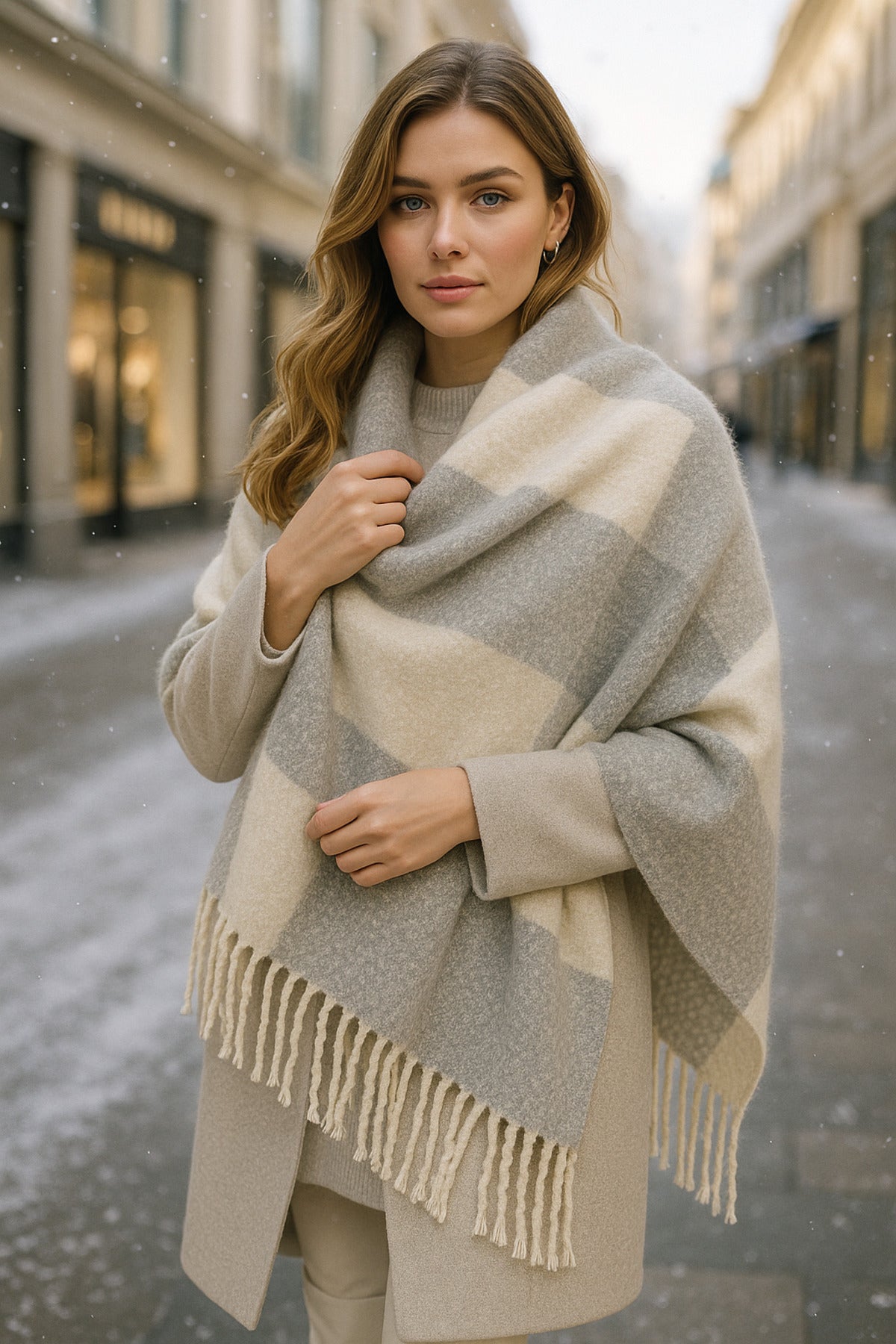 Yumuşak Dokulu Püsküllü Ekose Desenli Sıcak Tutan Atkı - Gri, Beyaz, Bej Renklerde Sal1284