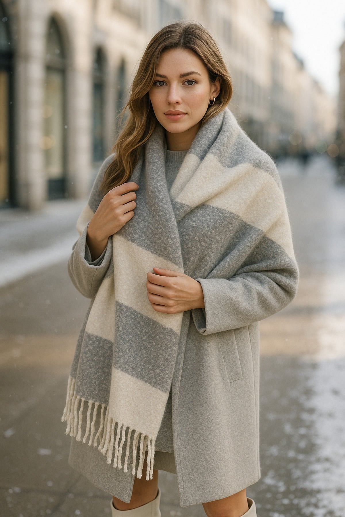 Yumuşak Dokulu Püsküllü Ekose Desenli Sıcak Tutan Atkı - Gri, Beyaz, Bej Renklerde Sal1284