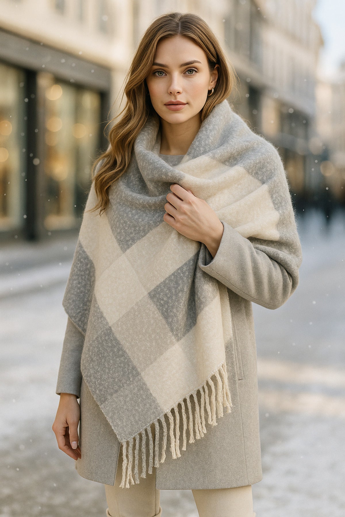 Yumuşak Dokulu Püsküllü Ekose Desenli Sıcak Tutan Atkı - Gri, Beyaz, Bej Renklerde Sal1284