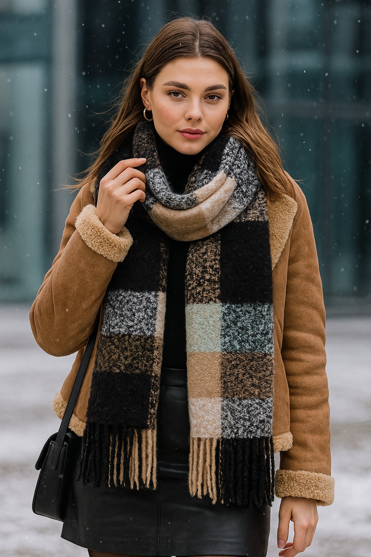 Siyah Kare Desenli Püsküllü Kalın Sıcak Tutan Şık Kışlık Atkı Sal1292