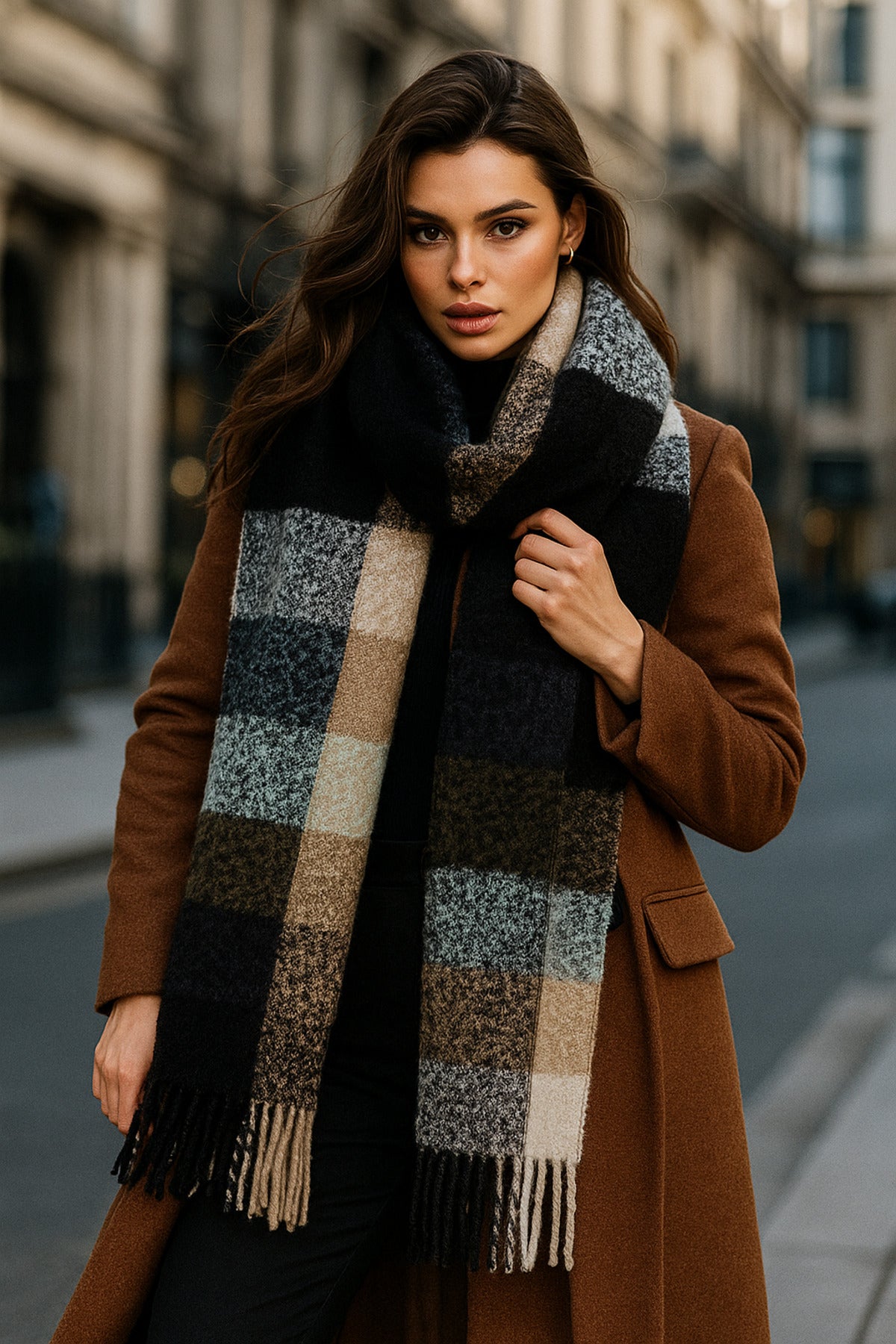 Siyah Kare Desenli Püsküllü Kalın Sıcak Tutan Şık Kışlık Atkı Sal1292