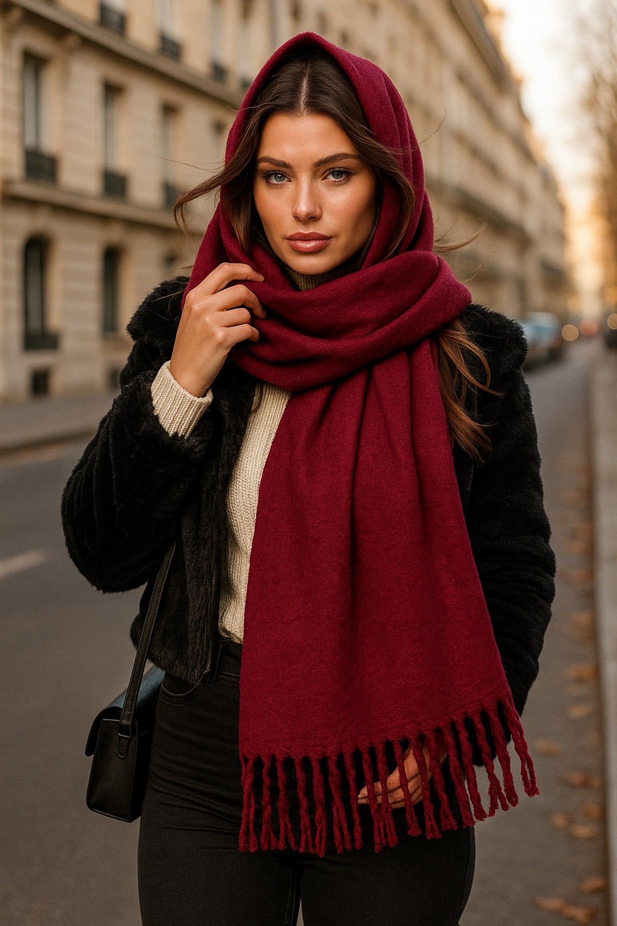 Kadın Bordo Düz Püsküllü Atkı Şal 45x210 Cm Sal1257