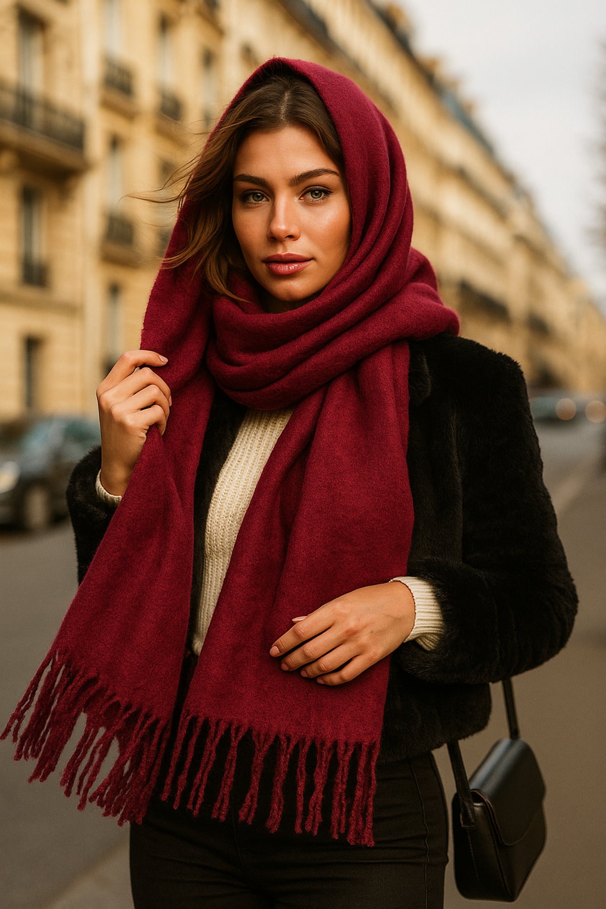 Kadın Bordo Düz Püsküllü Atkı Şal 45x210 Cm Sal1257