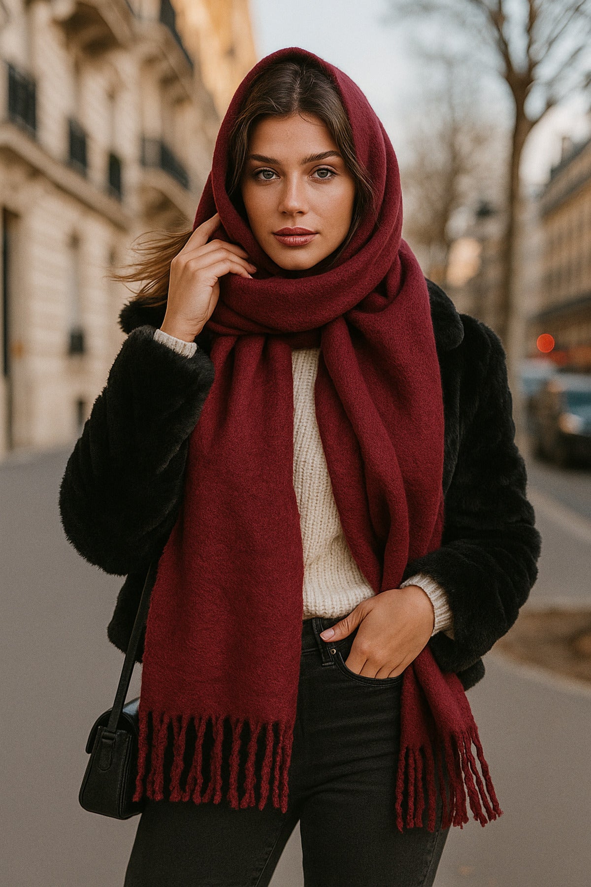 Kadın Bordo Düz Püsküllü Atkı Şal 45x210 Cm Sal1257