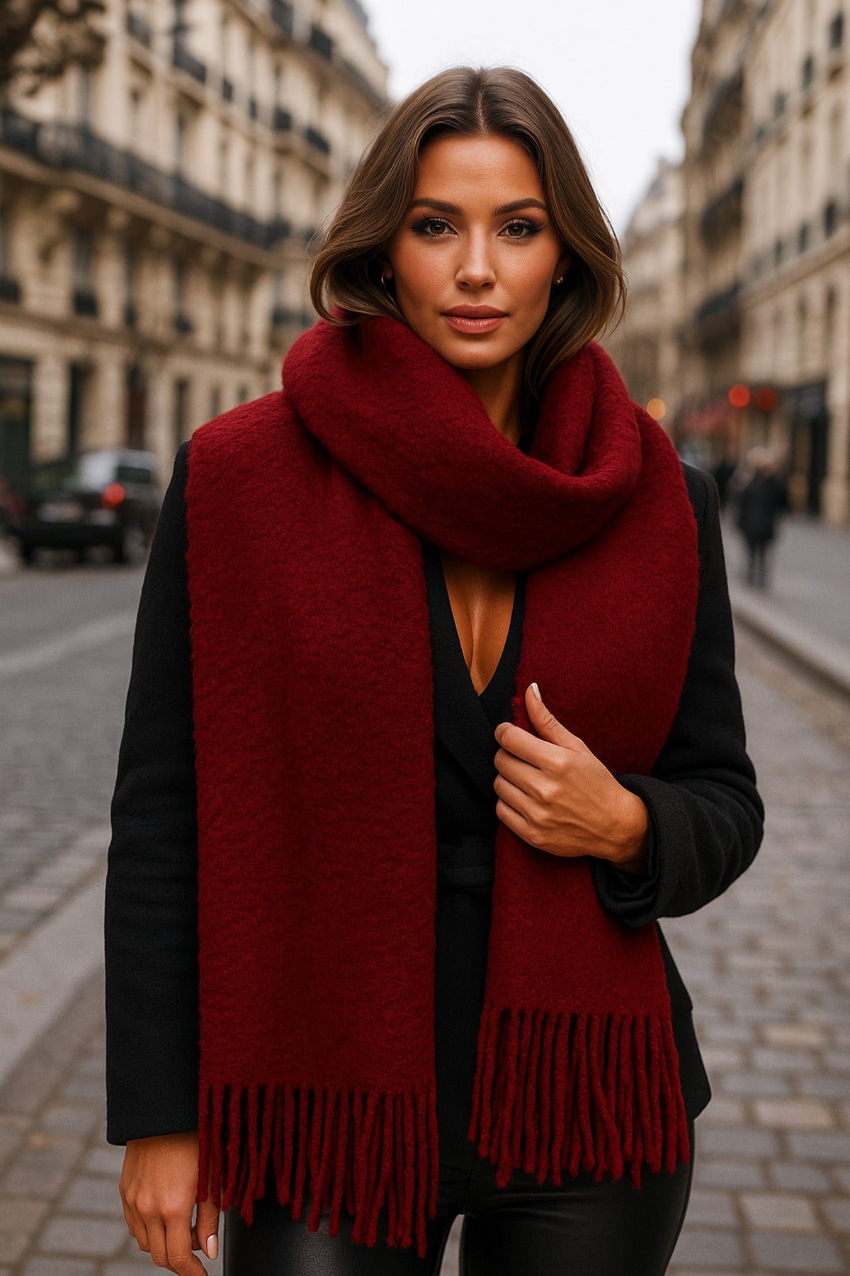 Kadın Bordo Düz Püsküllü Atkı Şal 45x210 Cm Sal1257