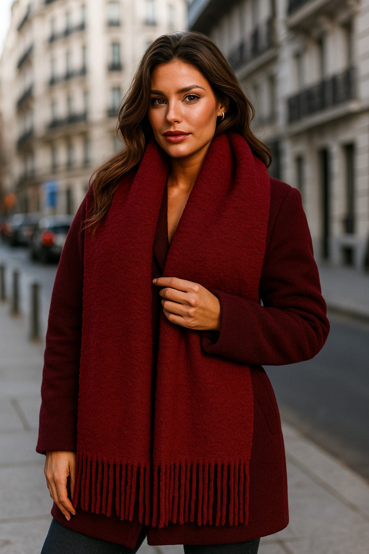 Kadın Bordo Düz Püsküllü Atkı Şal 45x210 Cm Sal1257