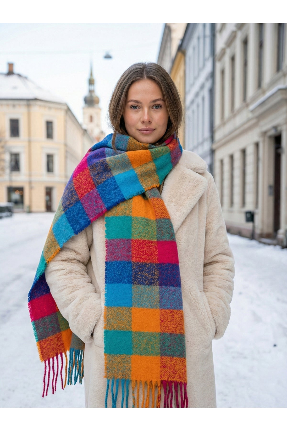 Turuncu Kare Desenli Püsküllü Kalın Sıcak Tutan Şık Kışlık Atkı Sal1292