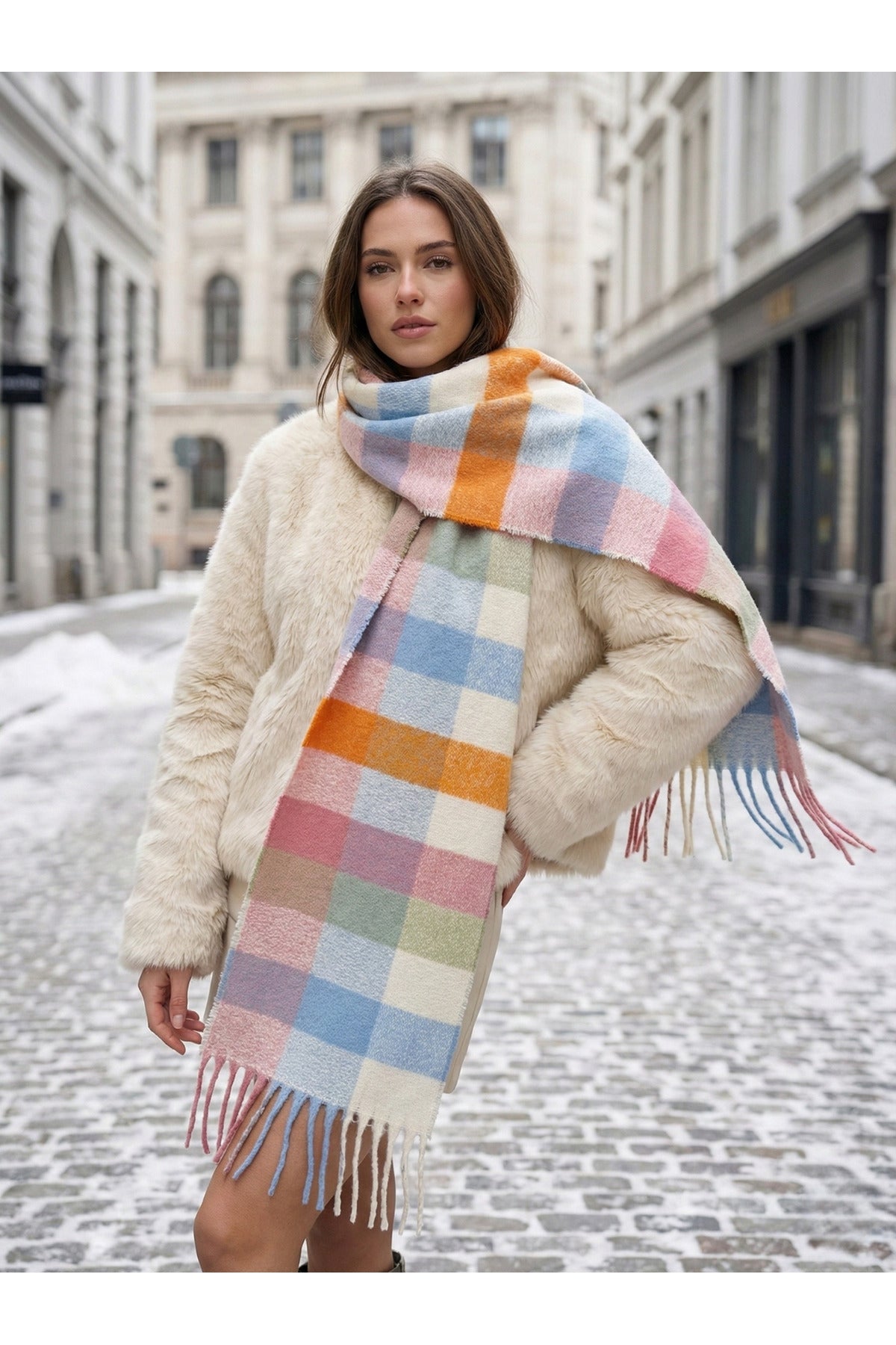 Pembe Kare Desenli Püsküllü Kalın Sıcak Tutan Şık Kışlık Atkı Sal1292