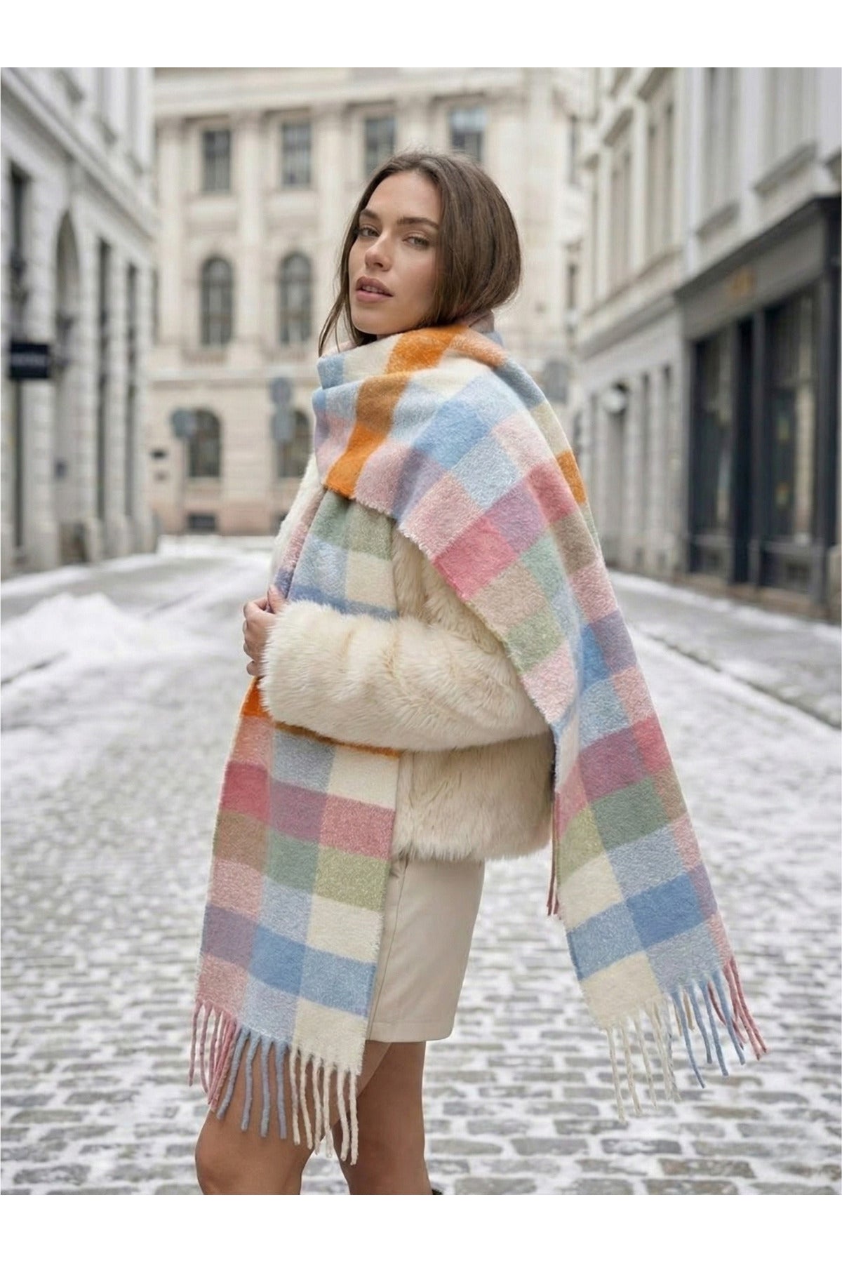 Pembe Kare Desenli Püsküllü Kalın Sıcak Tutan Şık Kışlık Atkı Sal1292