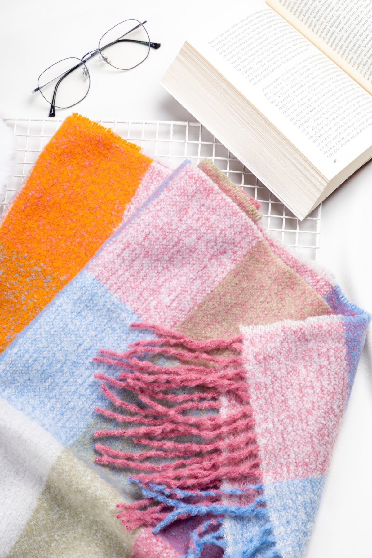 Pembe Kare Desenli Püsküllü Kalın Sıcak Tutan Şık Kışlık Atkı Sal1292