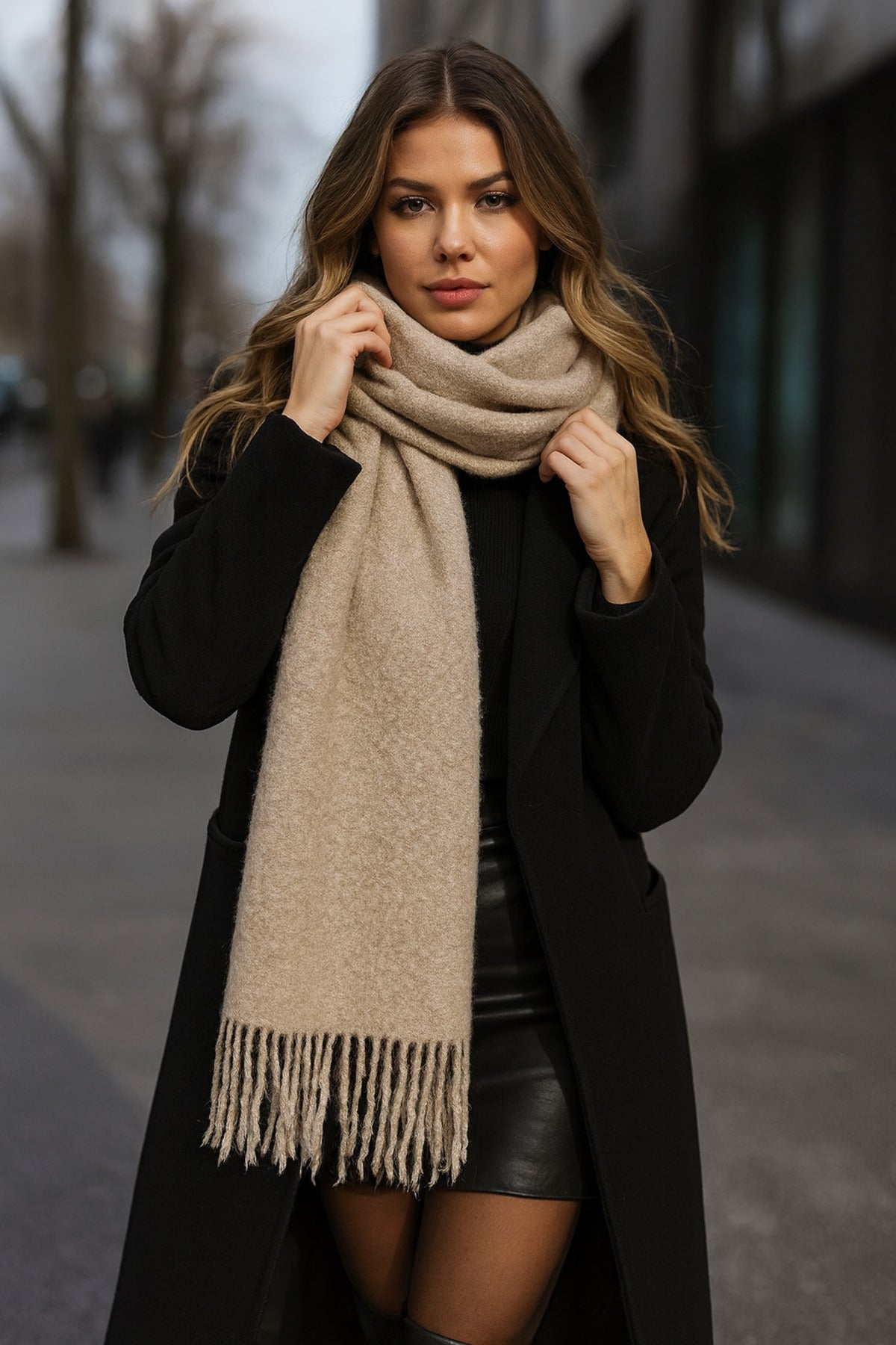 Püsküllü Vizon Kadın Şal Atkı - Yumuşak Şık Ve Rahat Kumaşlı Aksesuar Sal1257