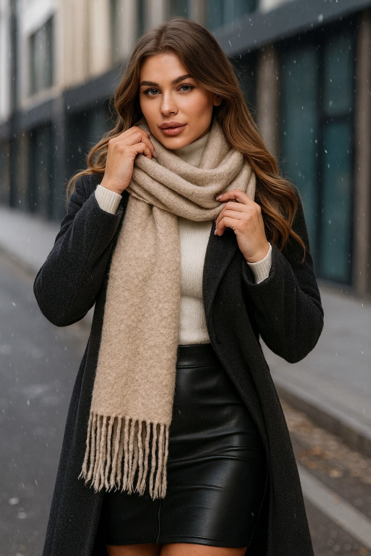 Püsküllü Vizon Kadın Şal Atkı - Yumuşak Şık Ve Rahat Kumaşlı Aksesuar Sal1257