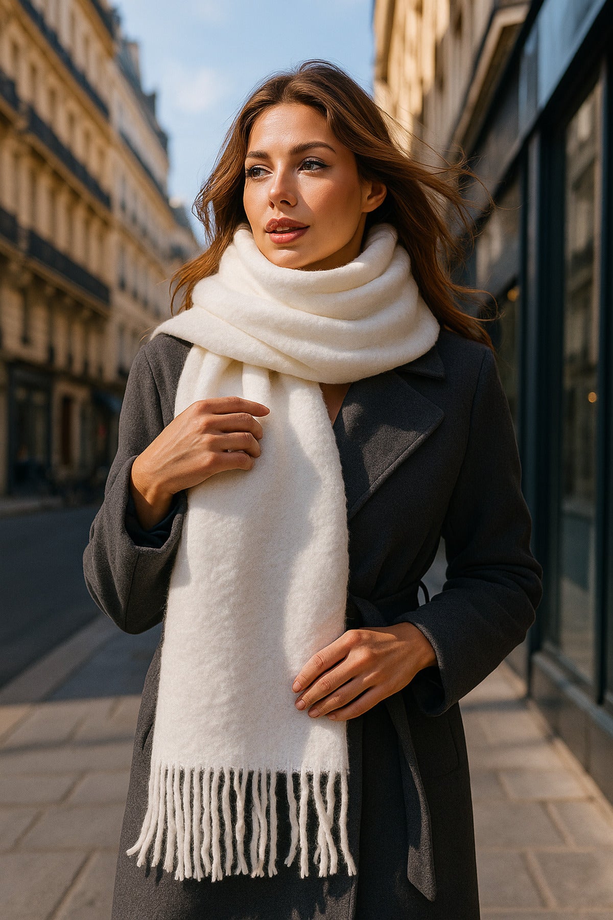 Yumuşak Dokulu Beyaz Püsküllü Kalın Şal - Sıcak Tutan Çok Amaçlı Aksesuar, Günlük Ve Özel ! Sal1257