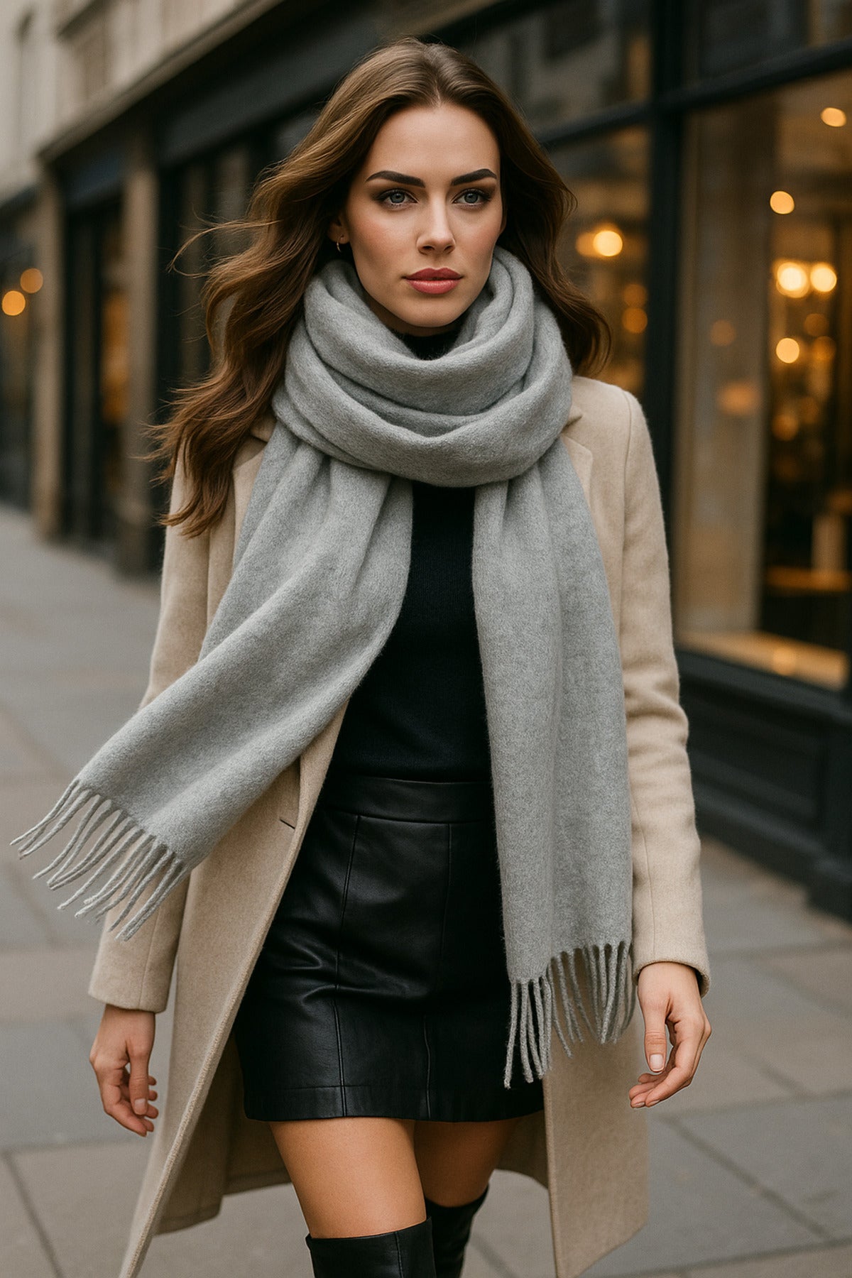 Uzun Gri Kalın Dokulu Püsküllü Unisex Atkı - Sıcak Ve Şık Kış Nesnesi Sal1285