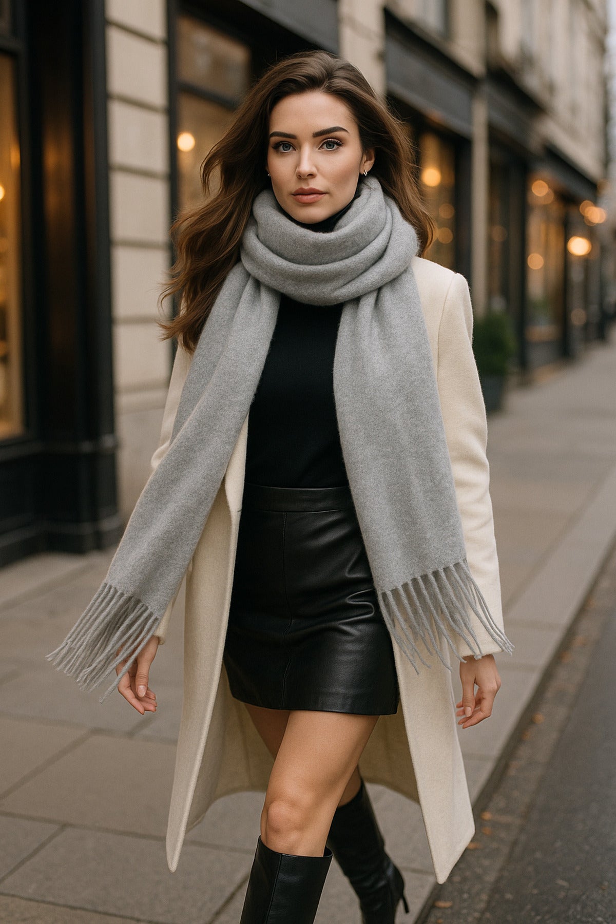 Uzun Gri Kalın Dokulu Püsküllü Unisex Atkı - Sıcak Ve Şık Kış Nesnesi Sal1285