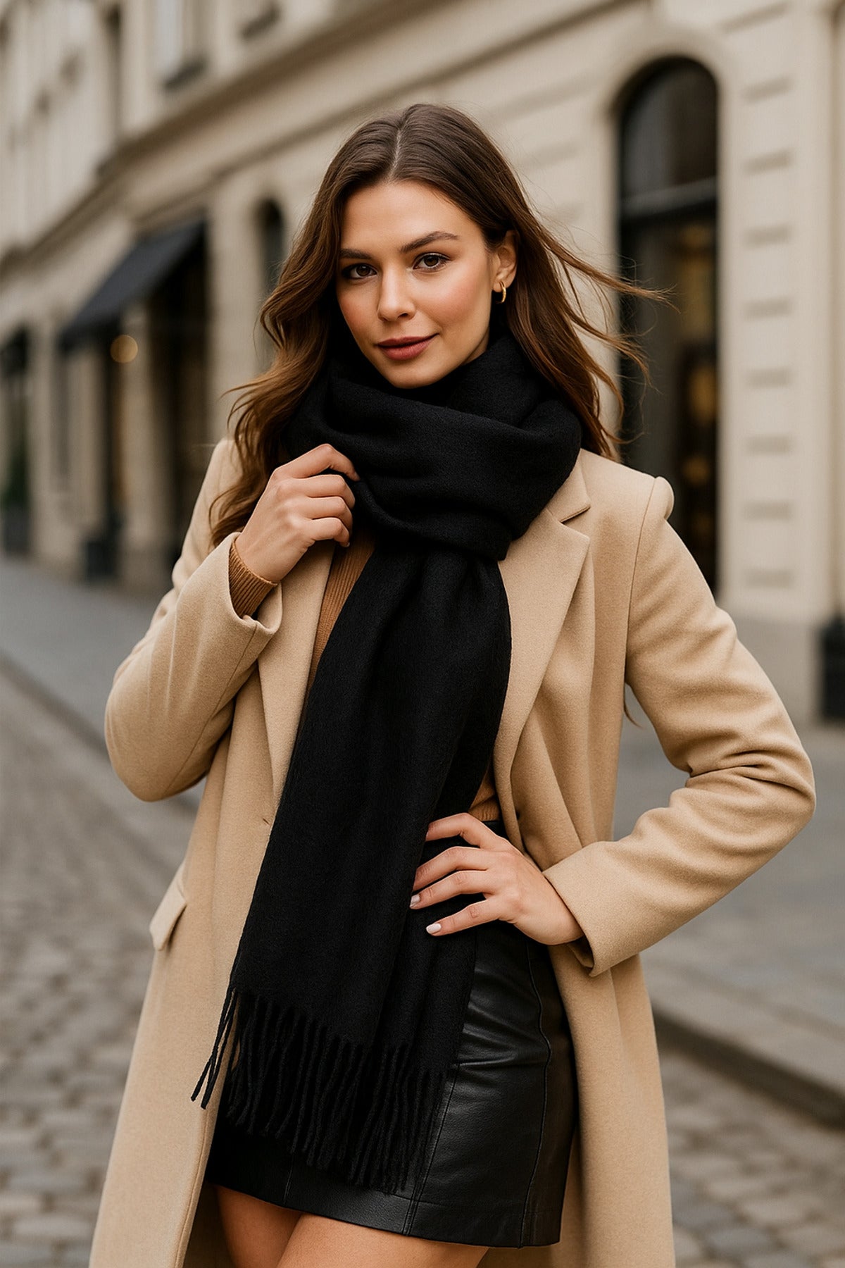 Uzun Siyah Kalın Dokulu Püsküllü Unisex Atkı - Sıcak Ve Şık Kış Nesnesi Sal1285