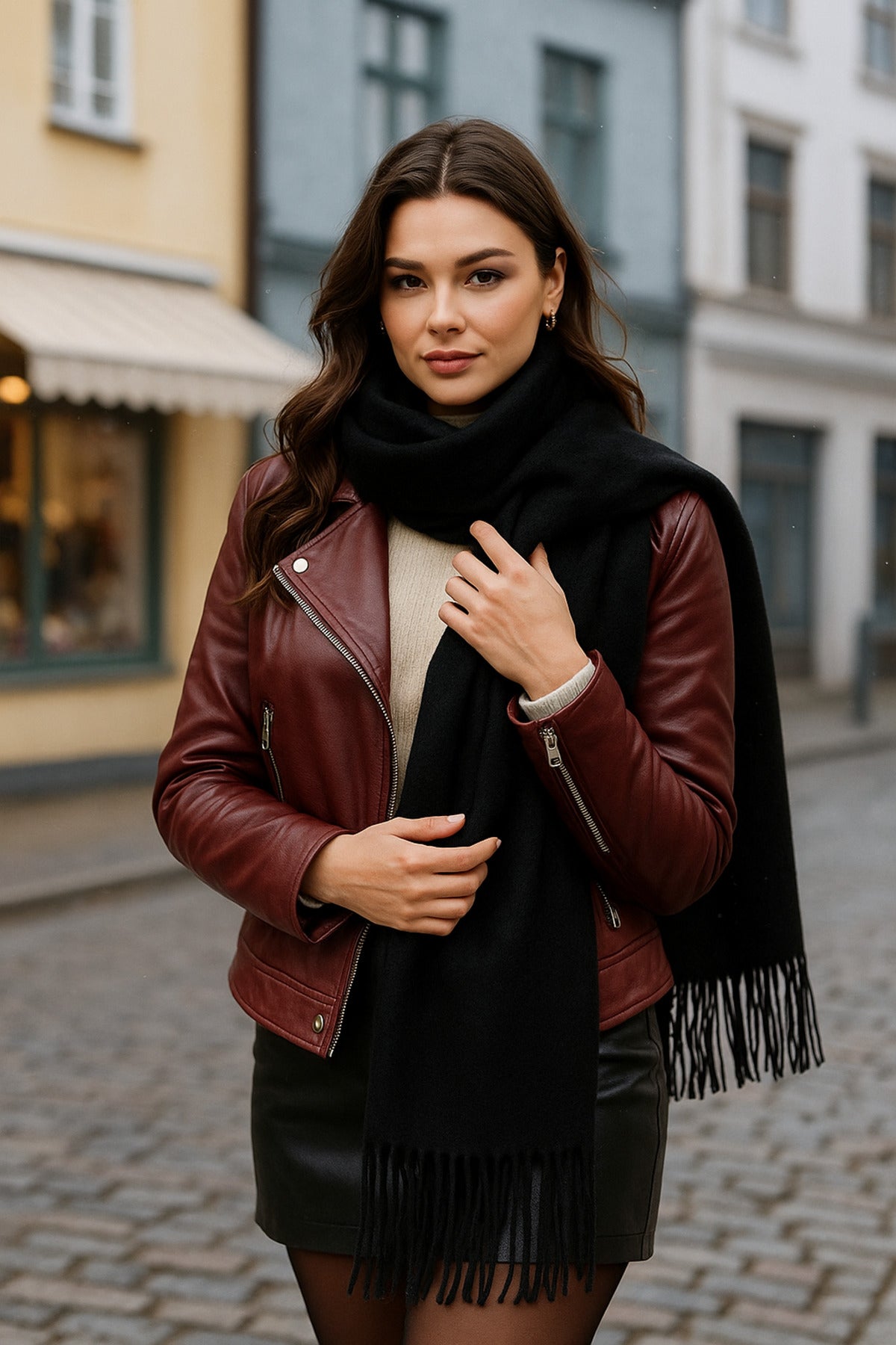 Uzun Siyah Kalın Dokulu Püsküllü Unisex Atkı - Sıcak Ve Şık Kış Nesnesi Sal1285