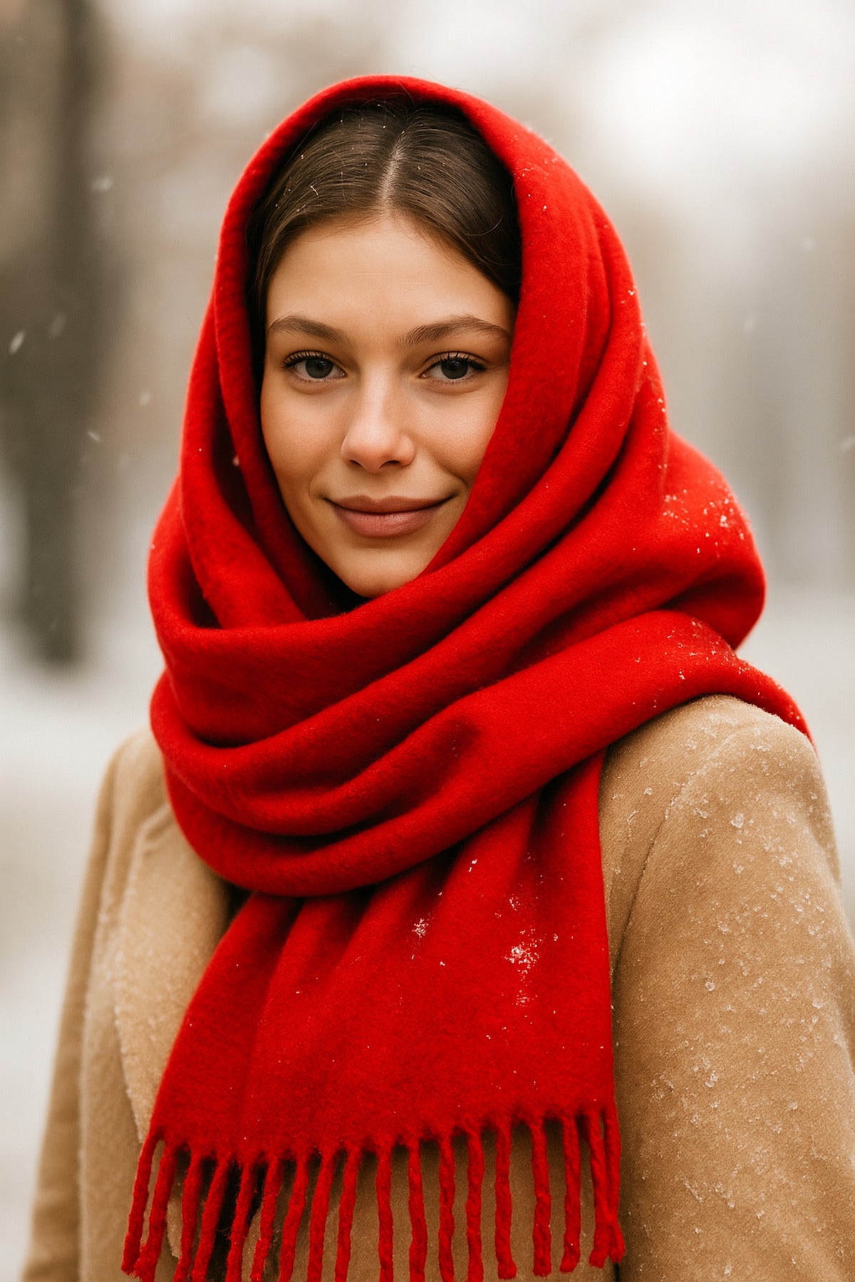 Kırmızı Püsküllü Atkı – Şal Ve Geniş Yapı, Soğuk Hava Için Ideal Sal1296