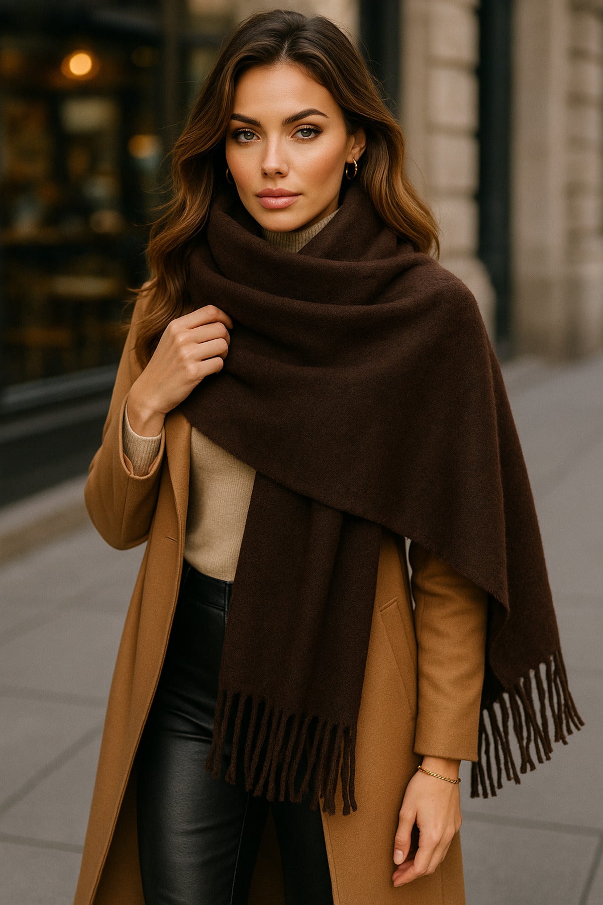 Acı Kahve Püsküllü Atkı – Şal Yumuşak Ve Geniş Yapı, Soğuk Hava Için Ideal Sal1296