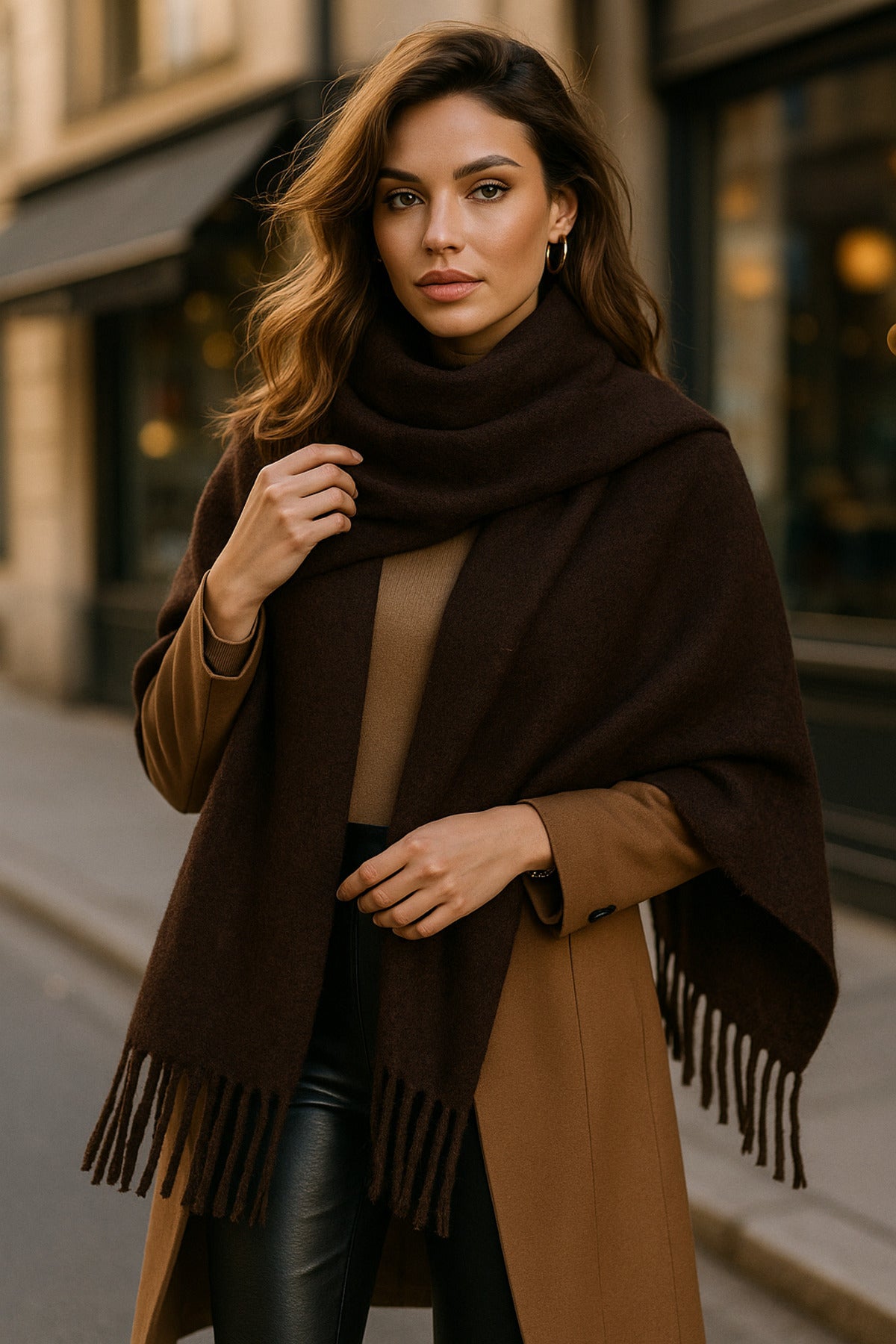 Acı Kahve Püsküllü Atkı – Şal Yumuşak Ve Geniş Yapı, Soğuk Hava Için Ideal Sal1296