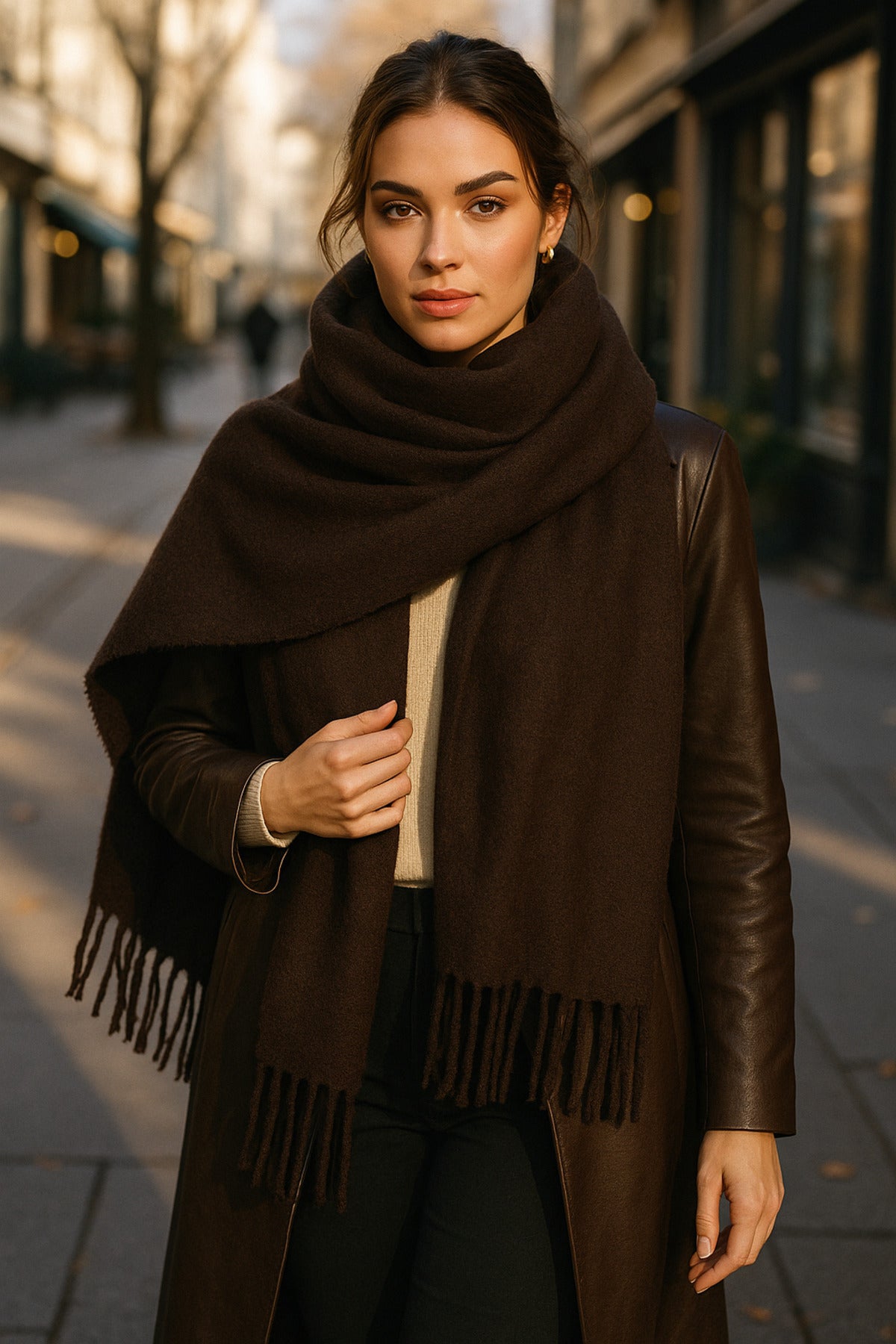 Acı Kahve Püsküllü Atkı – Şal Yumuşak Ve Geniş Yapı, Soğuk Hava Için Ideal Sal1296