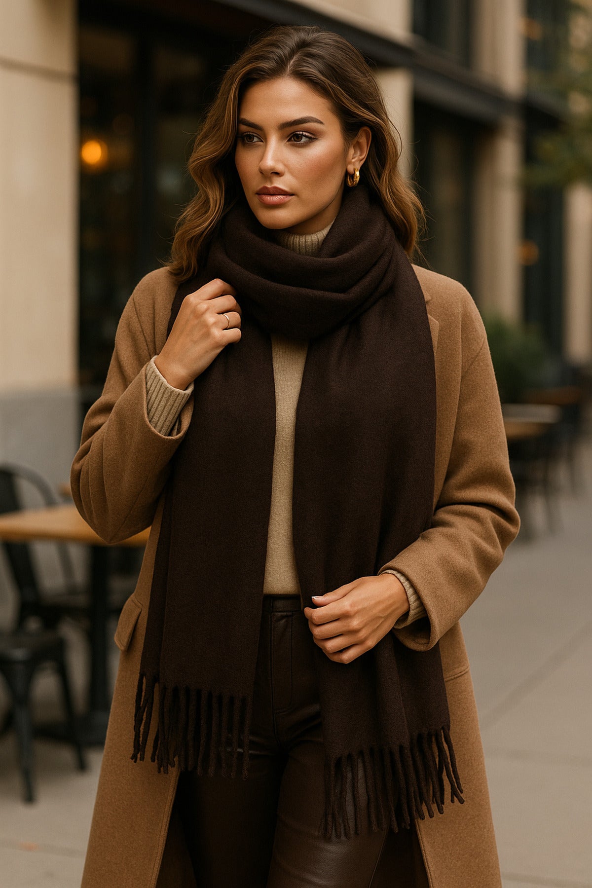 Acı Kahve Püsküllü Atkı – Şal Yumuşak Ve Geniş Yapı, Soğuk Hava Için Ideal Sal1296