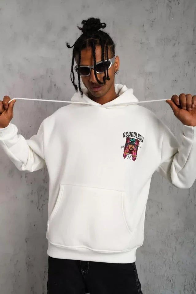Men's SCHOOL BOY Printed Hoodie Sweatshirt - White
