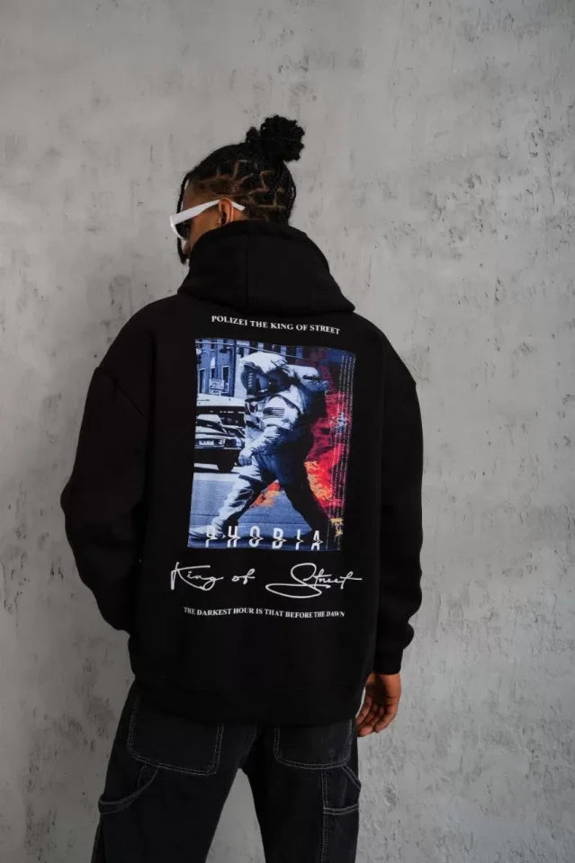 Men's Astronaut Printed Hoodie Sweatshirt - Black