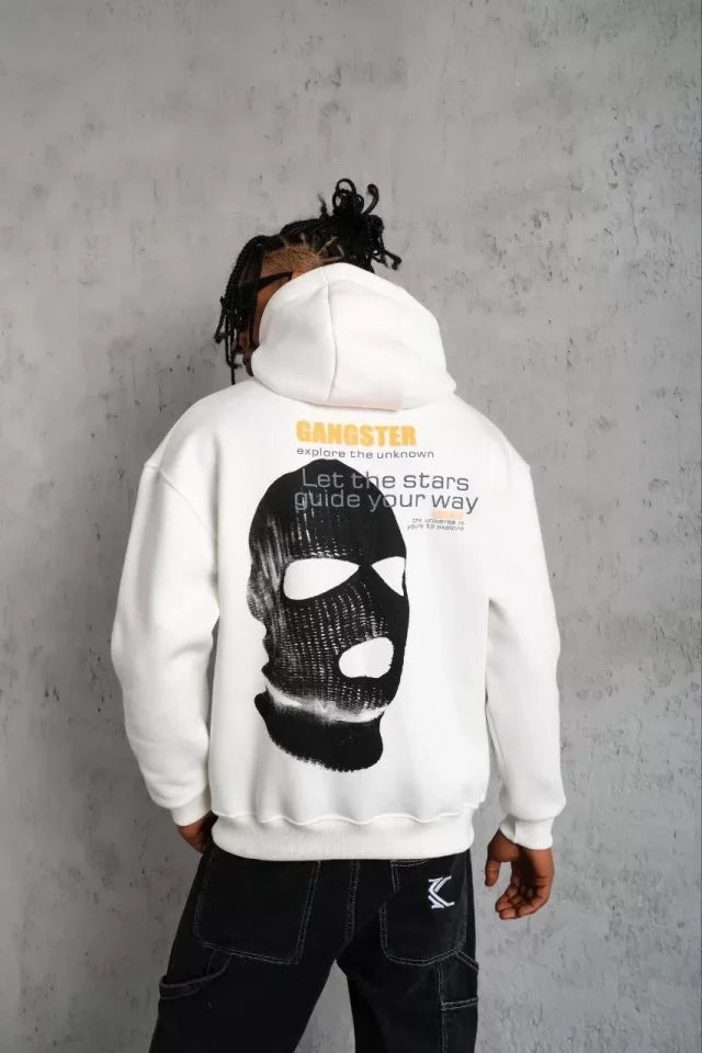 Men's Cord Mask Printed Hoodie Sweatshirt - White