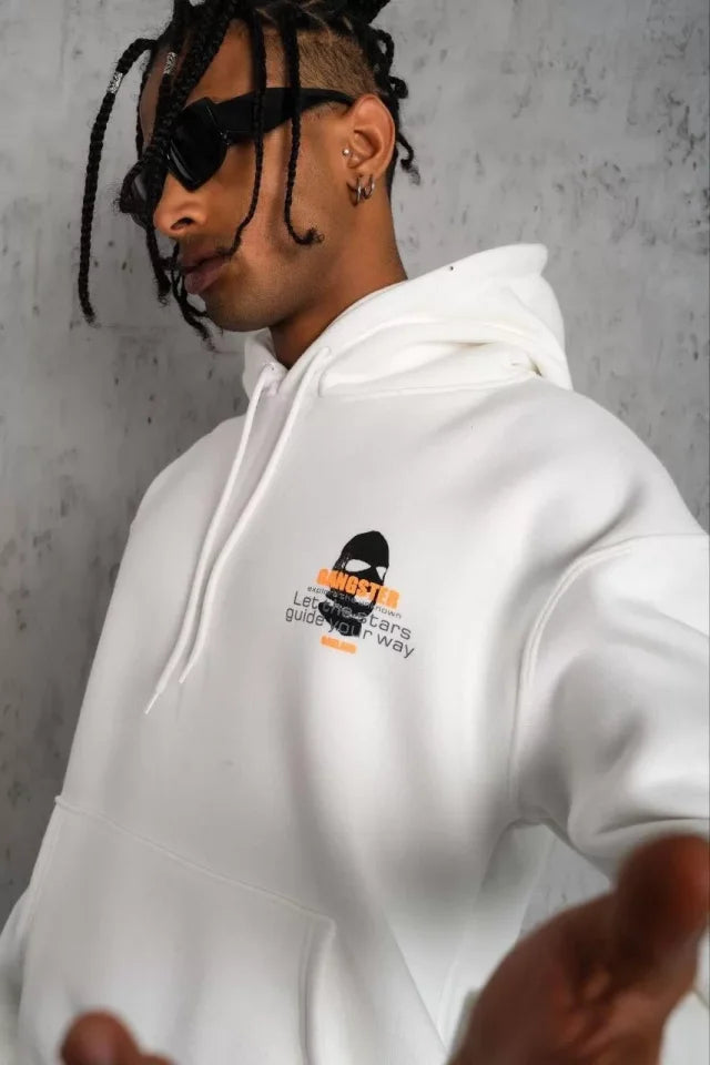 Men's Cord Mask Printed Hoodie Sweatshirt - White
