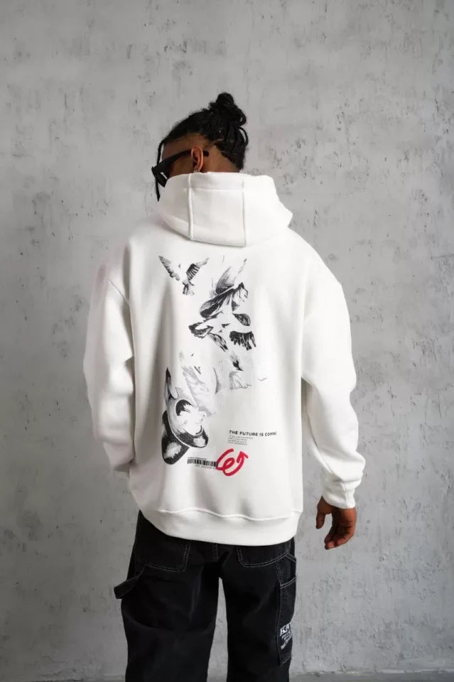 Men's Hooded Dove Printed Hoodie Sweatshirt - White