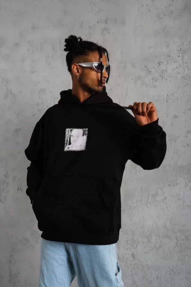 Men's Front and Back Printed Hoodie Sweatshirt - Black