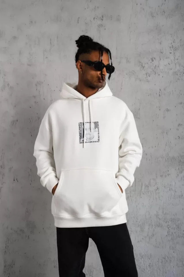 Men's Front and Back Printed Hoodie Sweatshirt - White