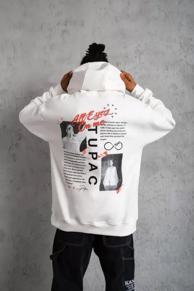 Erkek Ön Arka Baskılı Kapüşonlu Sweat - Beyaz