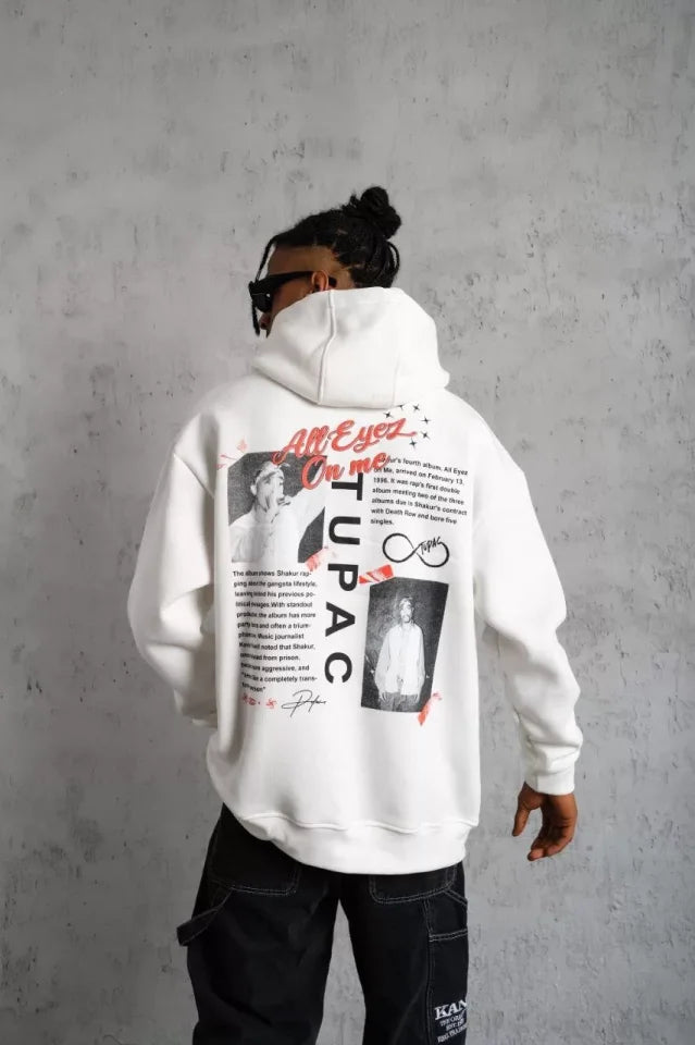 Erkek Ön Arka Baskılı Kapüşonlu Sweat - Beyaz